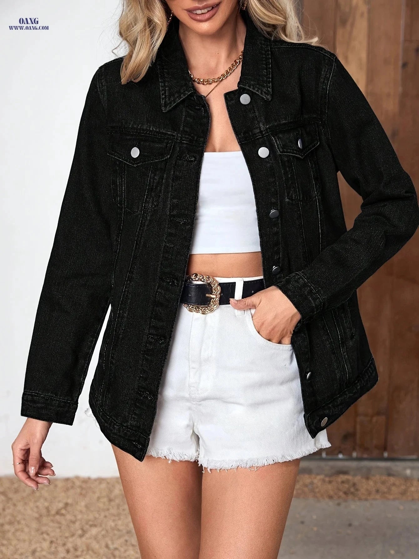OAXG Women's Long Denim Jacket with Belt - Spring/Fall Fashion   OAXG 