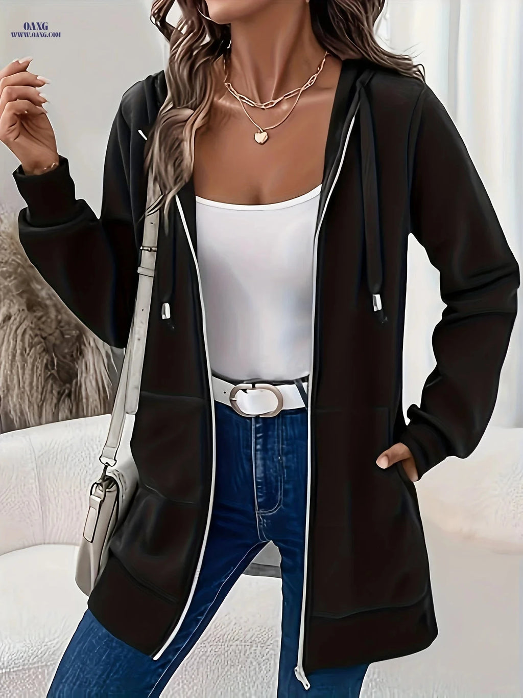 OAXG Women's Long Fashion Coat - Hooded, Casual Fall/Winter Style   OAXG 