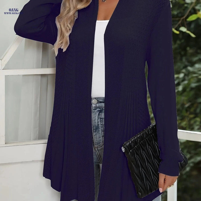 OAXG Women's Long Hollow Cardigan - Elegant Four Seasons Style   OAXG Navy Color / S