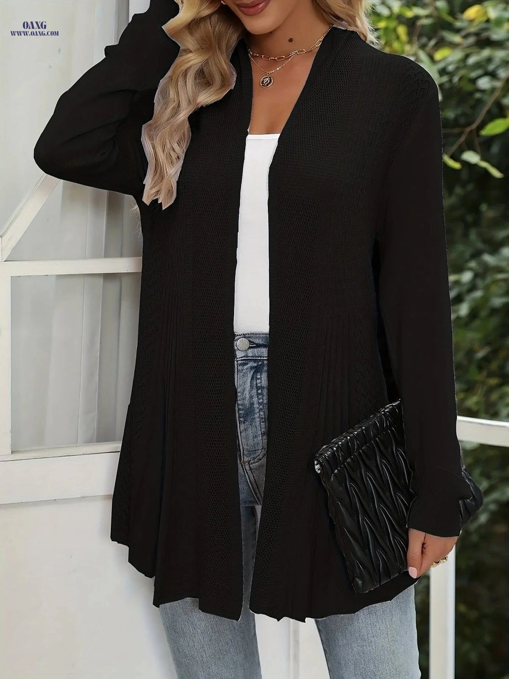 OAXG Women's Long Hollow Cardigan - Elegant Four Seasons Style   OAXG Navy Color / S