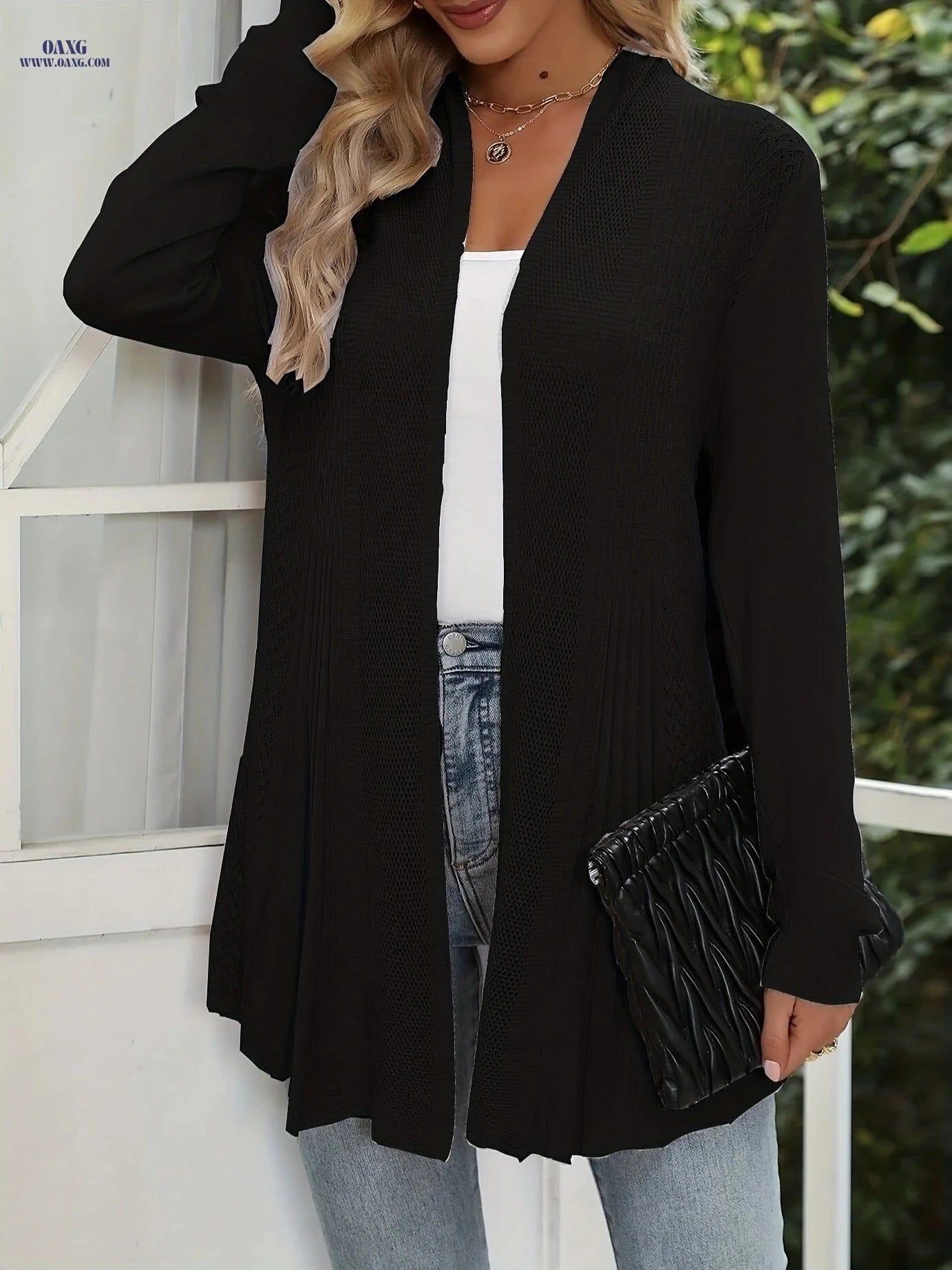 OAXG Women's Long Hollow Cardigan - Elegant Four Seasons Style   OAXG Navy Color / S