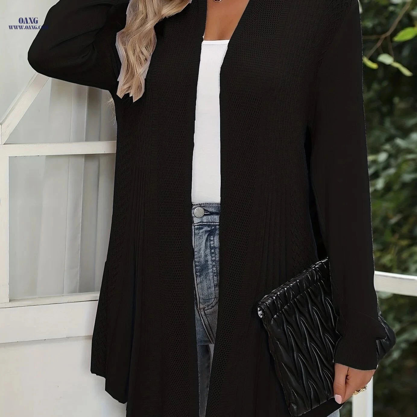 OAXG Women's Long Hollow Cardigan - Elegant Four Seasons Style   OAXG Navy Color / S
