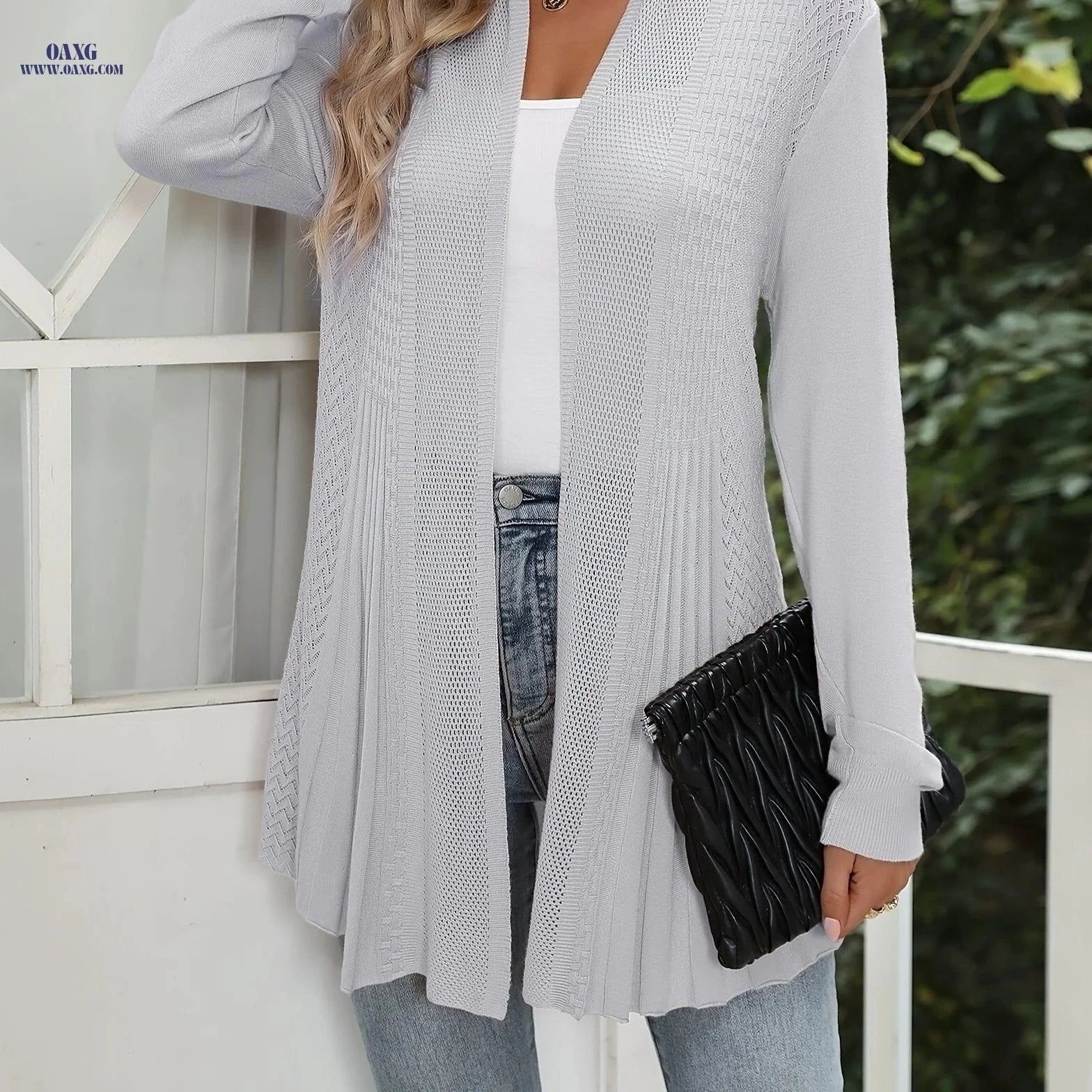 OAXG Women's Long Hollow Cardigan - Elegant Four Seasons Style   OAXG Navy Color / S