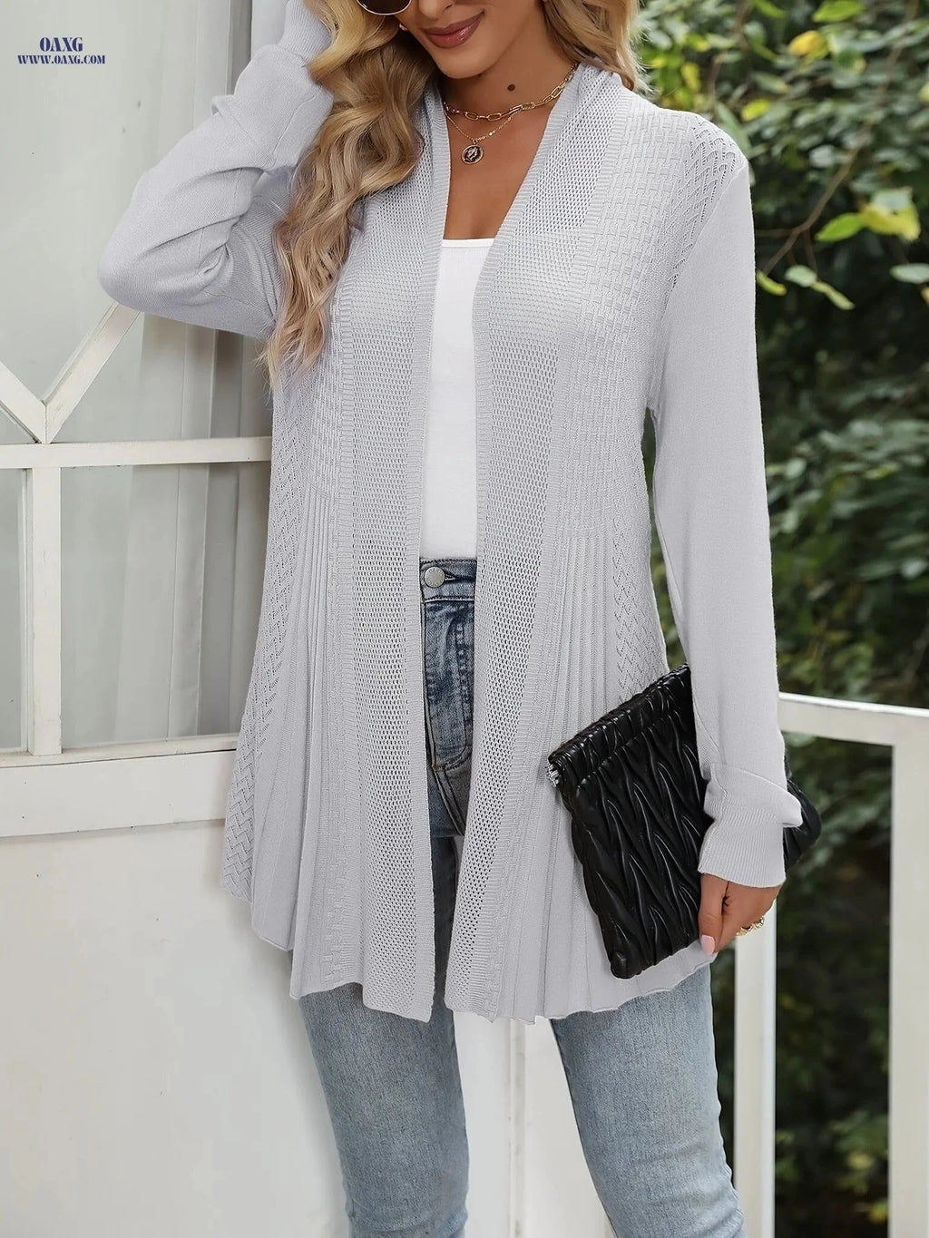 OAXG Women's Long Hollow Cardigan - Elegant Four Seasons Style   OAXG Navy Color / S