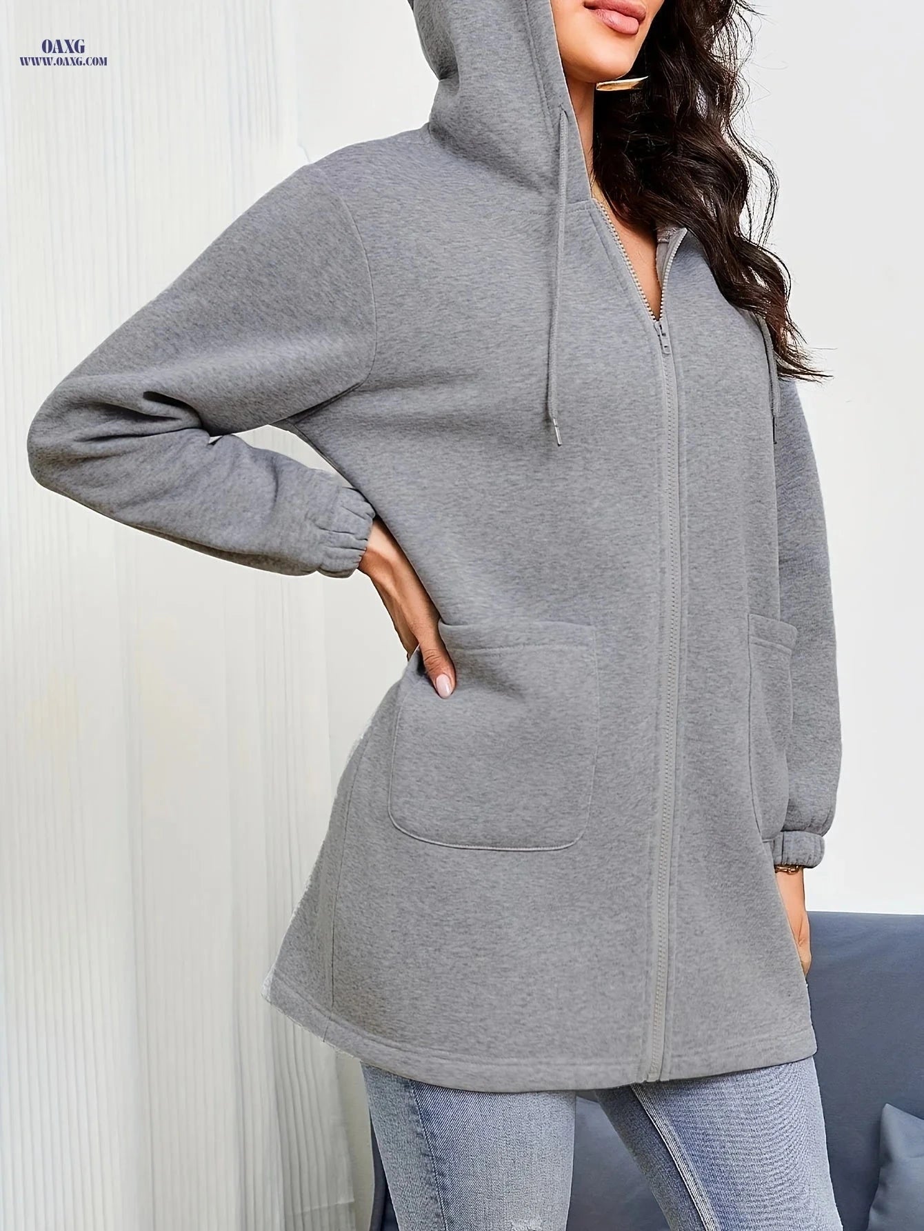 OAXG Women's Long Hooded Sweatshirt - Casual with Drawstring & Zipper   OAXG 