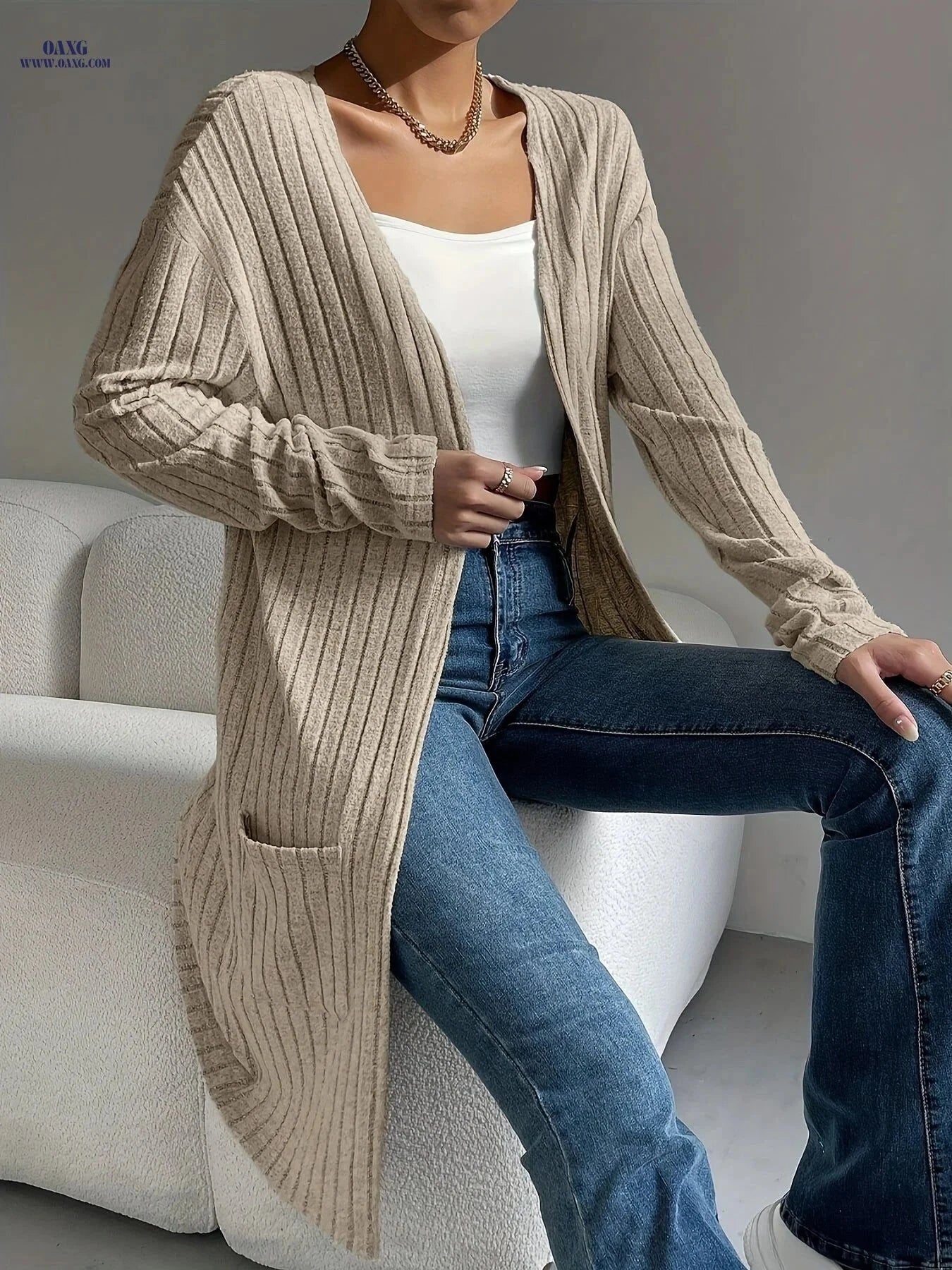 OAXG Women's Long Sleeve Cardigan - Cozy, Lightweight Open Front   OAXG Silvery Grey / XS