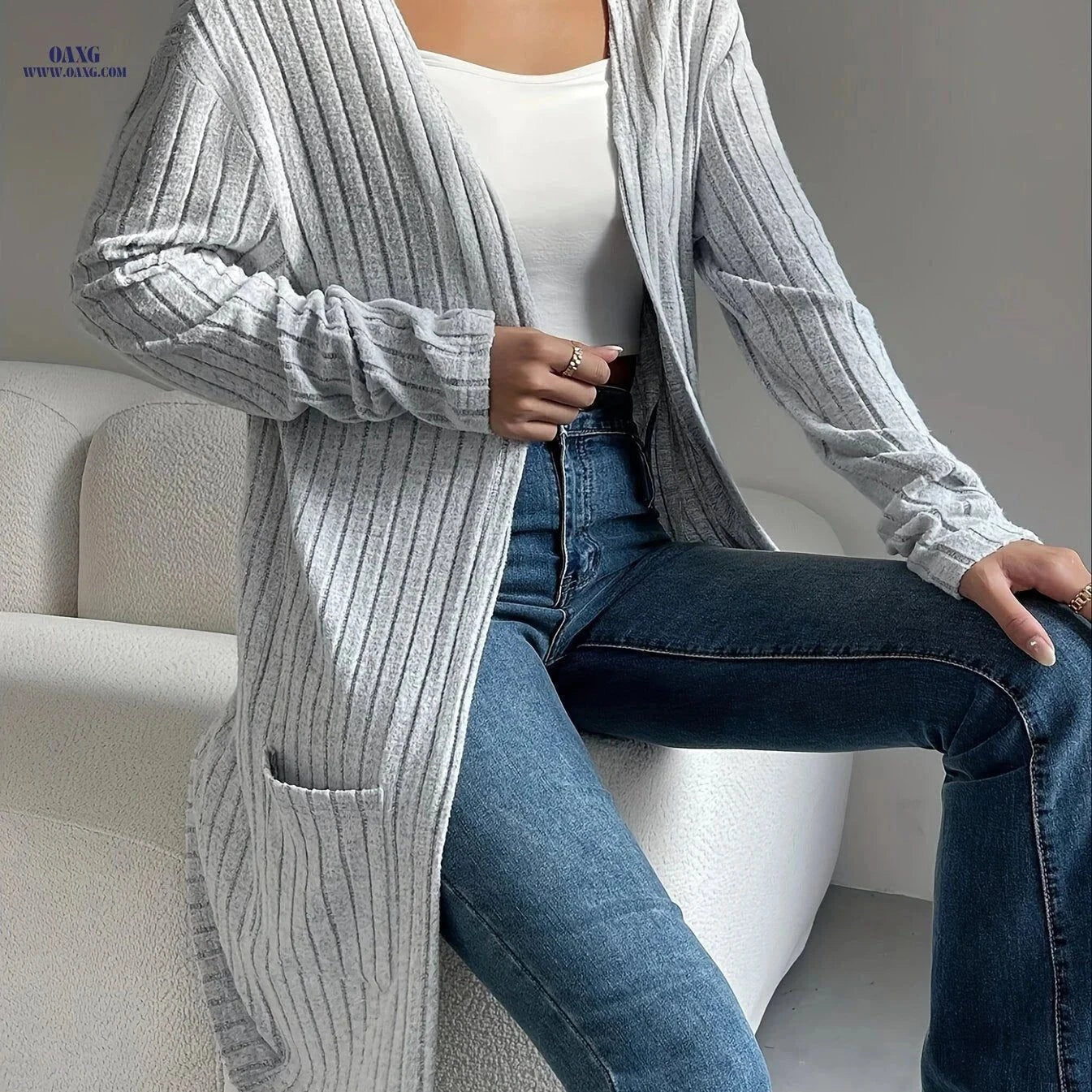 OAXG Women's Long Sleeve Cardigan - Cozy, Lightweight Open Front   OAXG Silvery Grey / XS