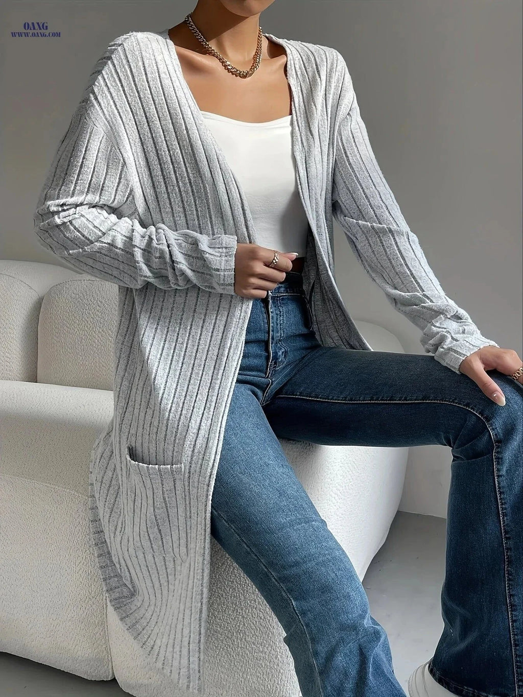 OAXG Women's Long Sleeve Cardigan - Cozy, Lightweight Open Front   OAXG Silvery Grey / XS