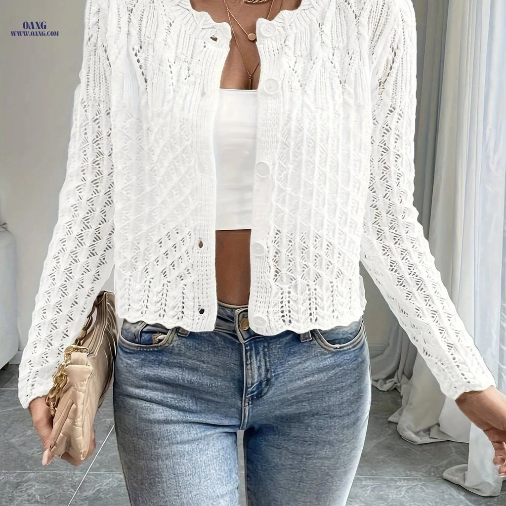OAXG Women's Long-Sleeve Cardigan - Solid Color for Festivals   OAXG White / S