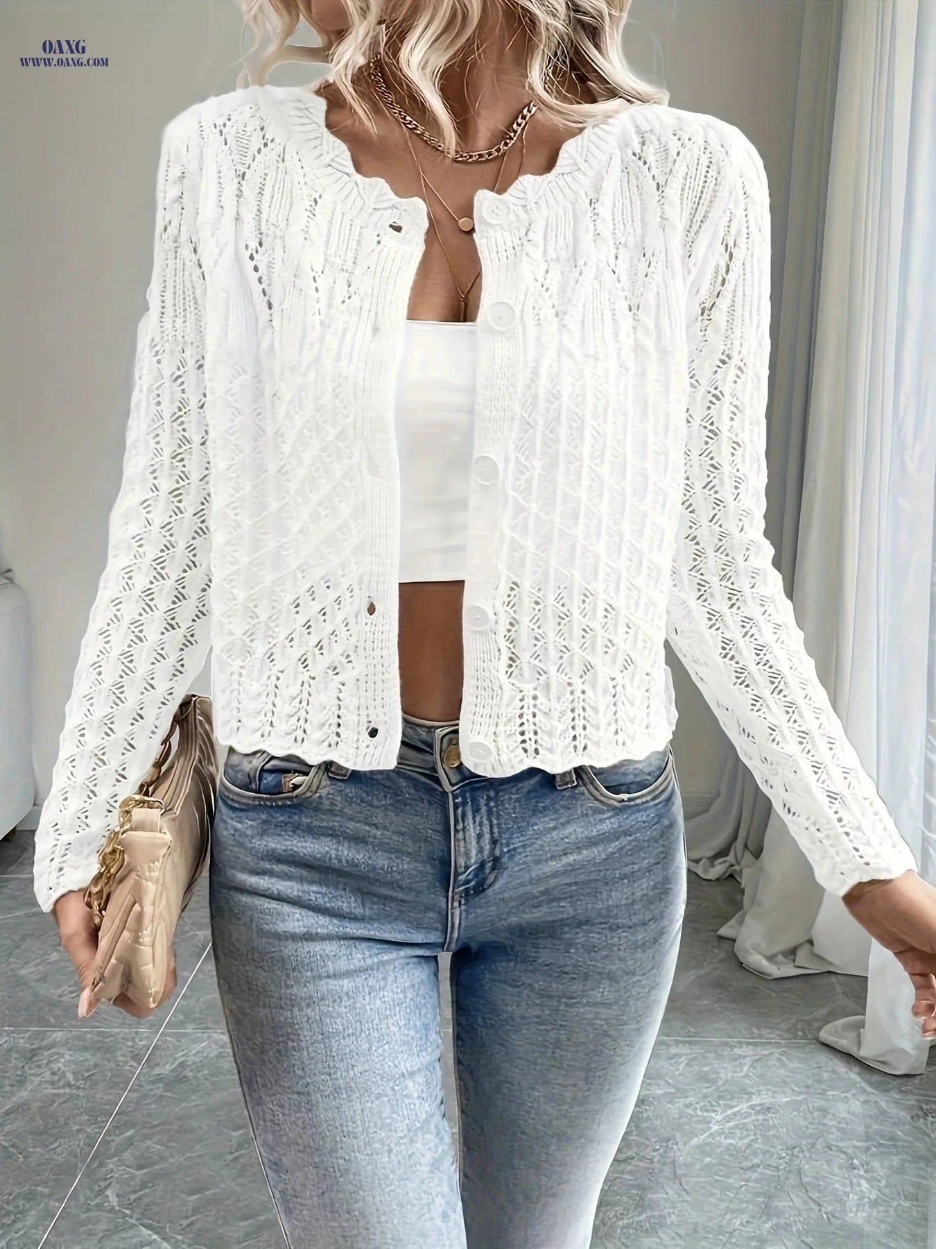OAXG Women's Long-Sleeve Cardigan - Solid Color for Festivals   OAXG White / S