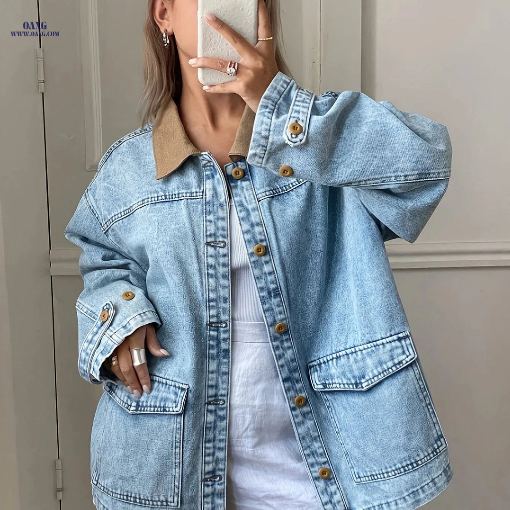 OAXG Women's Long Sleeve Denim Jacket - Slim Fit, Casual Style   OAXG 