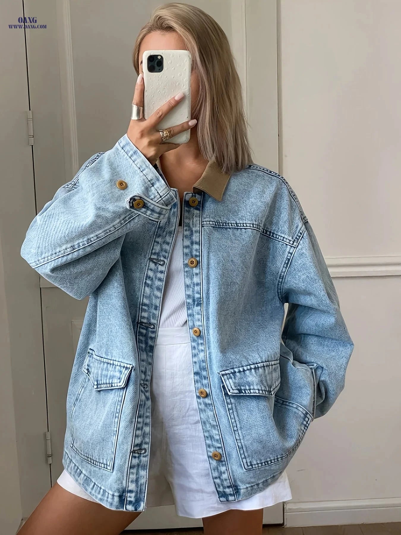 OAXG Women's Long Sleeve Denim Jacket - Slim Fit, Casual Style   OAXG 