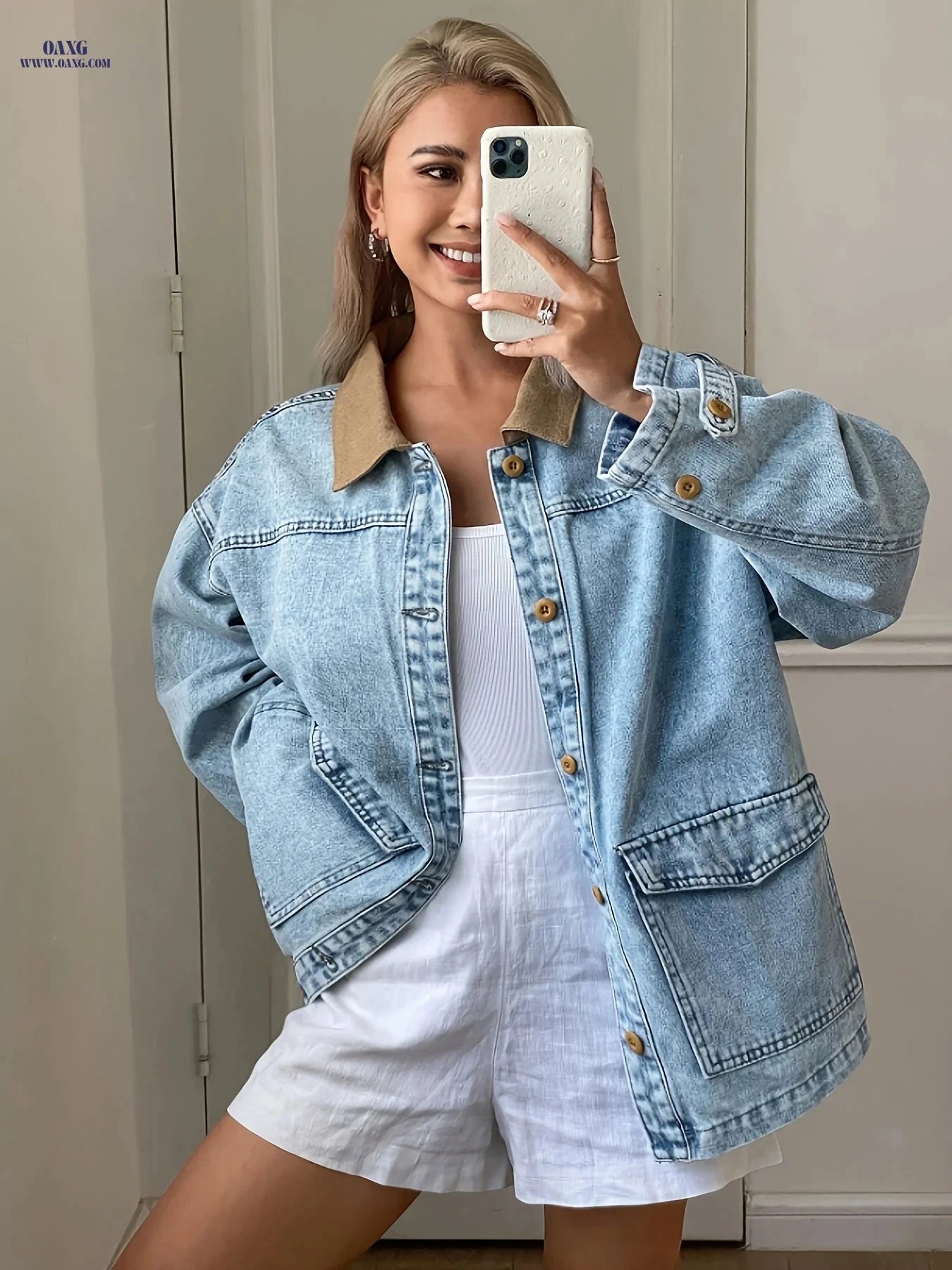 OAXG Women's Long Sleeve Denim Jacket - Slim Fit, Casual Style   OAXG 