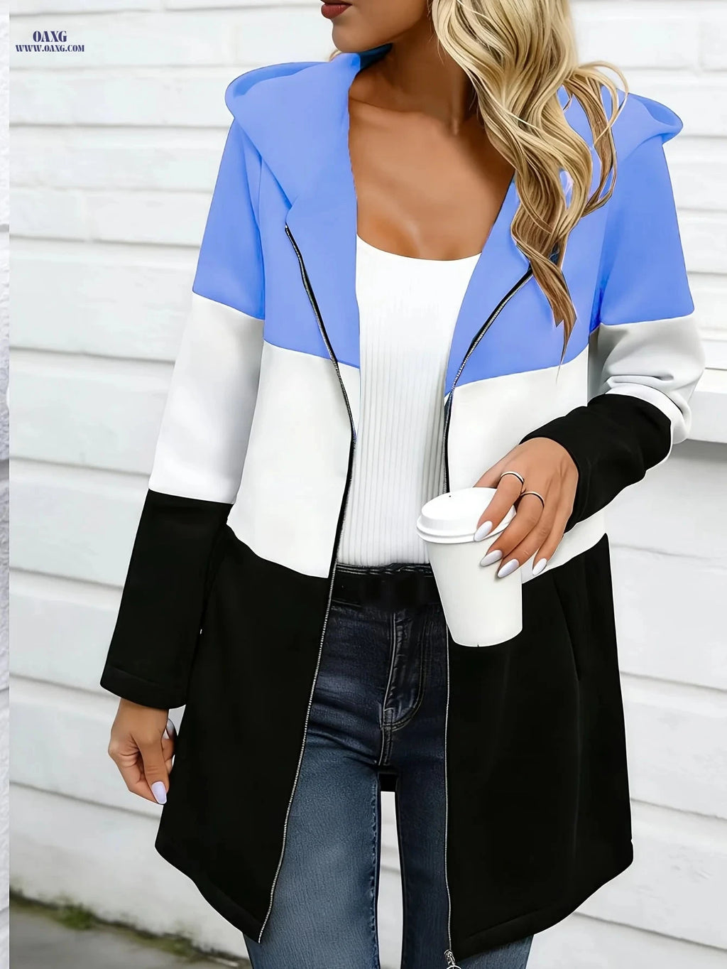 OAXG Women's Long Sleeve Hooded Jacket - Trendy Color Block Design   OAXG 