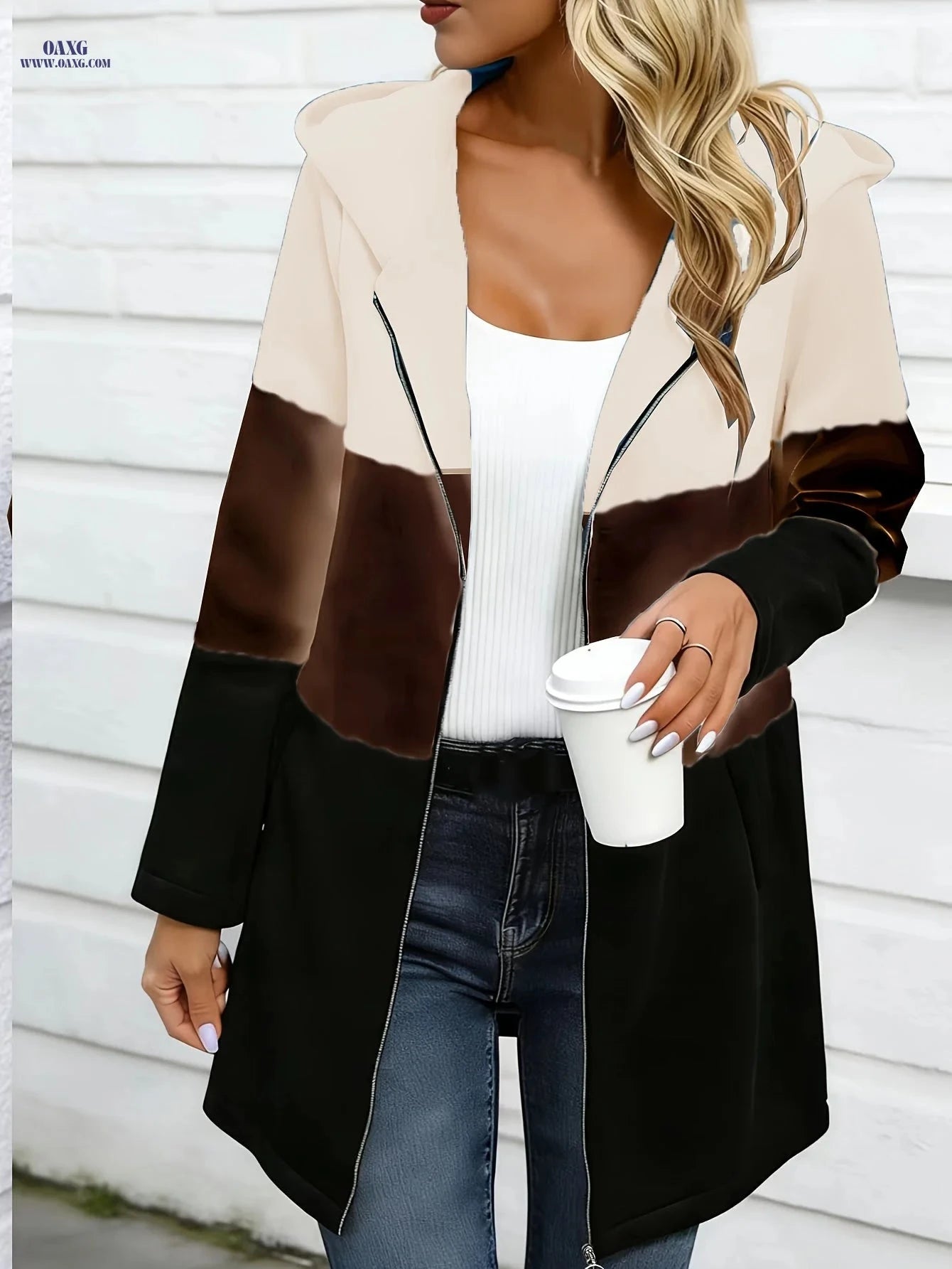 OAXG Women's Long Sleeve Hooded Jacket - Trendy Color Block Design   OAXG 
