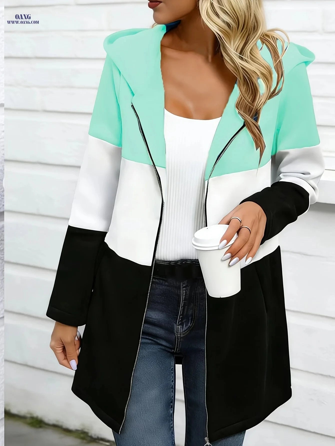 OAXG Women's Long Sleeve Hooded Jacket - Trendy Color Block Design   OAXG 