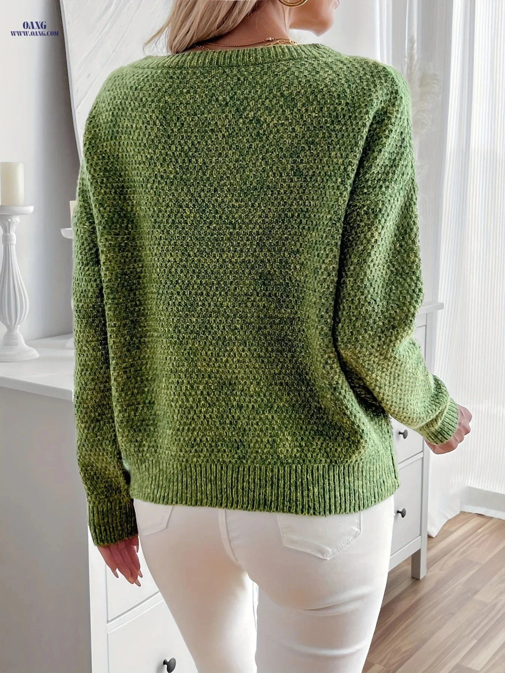 OAXG Women's Long-Sleeve Knitted Sweater - Relaxed Drop Shoulder Design   OAXG Dark Pink / S