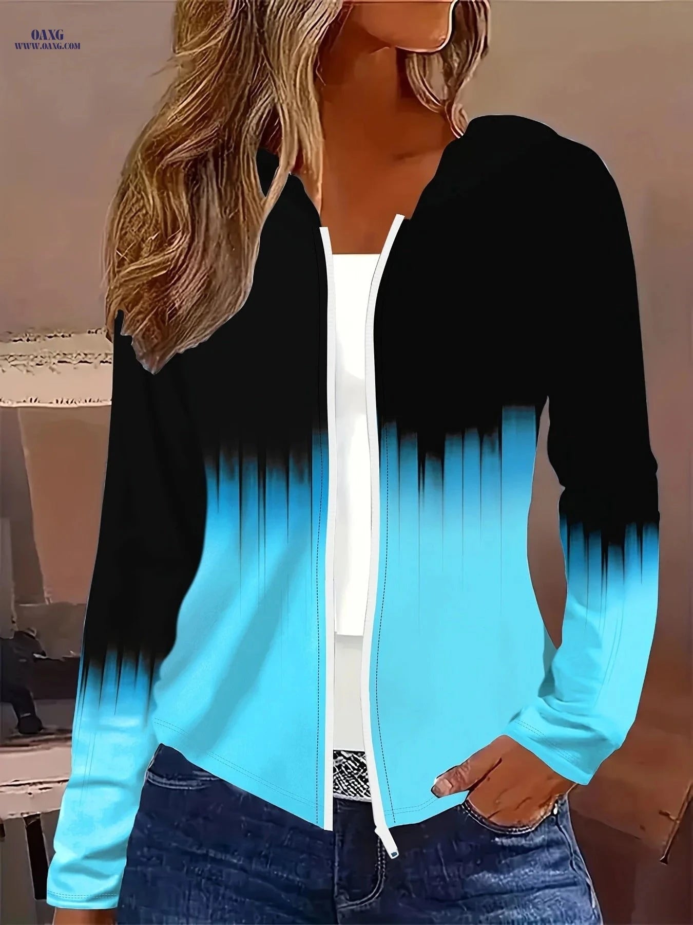OAXG Women's Long Sleeve Zip Top - Stylish Gradient Color Print   OAXG 