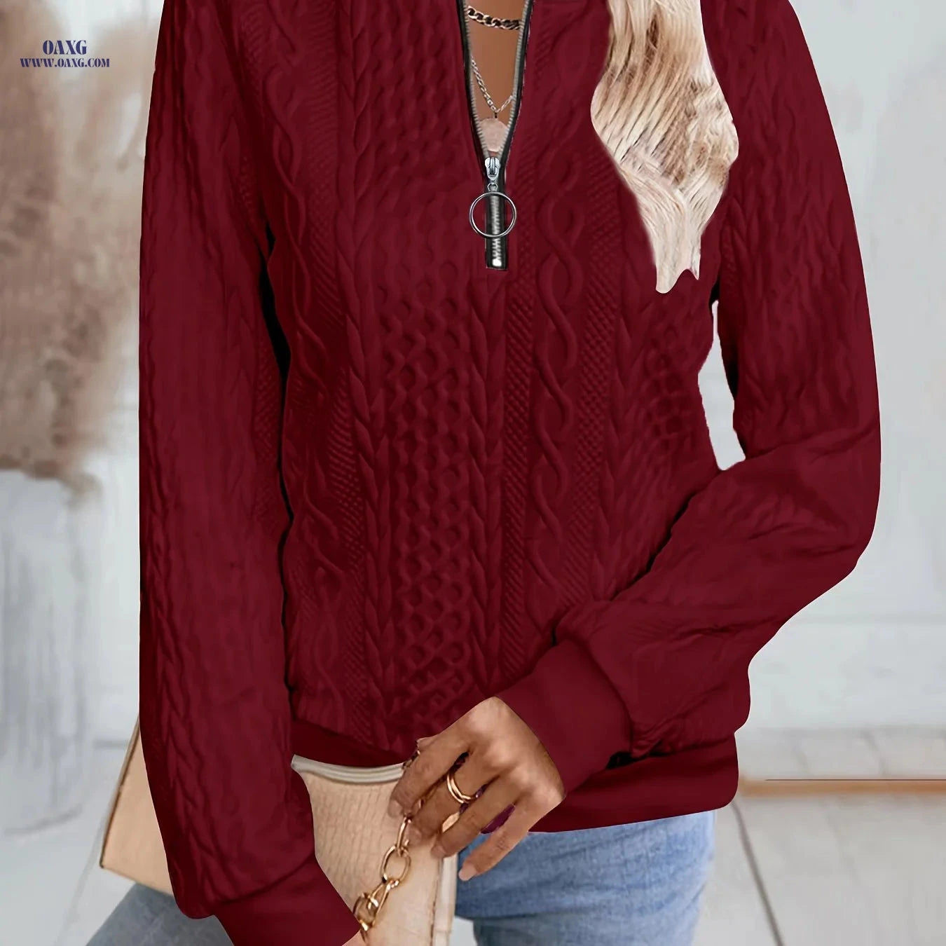 OAXG Women's Long Sleeve Zip-Up Sweatshirt - Elegant Fall Fashion   OAXG 
