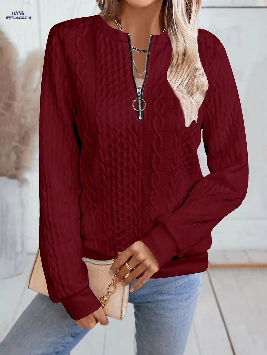 OAXG Women's Long Sleeve Zip-Up Sweatshirt - Elegant Fall Fashion   OAXG 