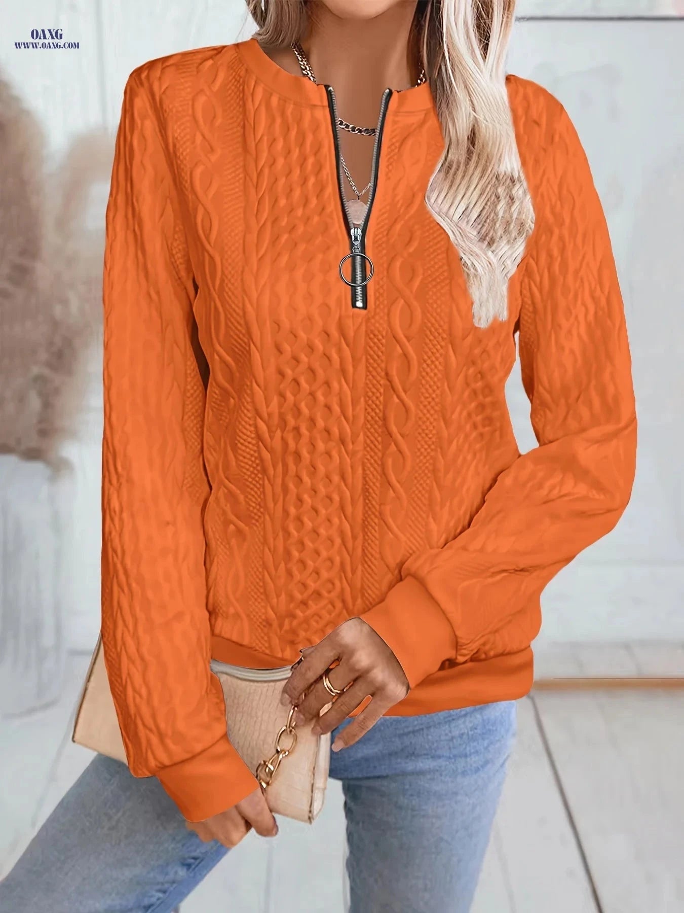 OAXG Women's Long Sleeve Zip-Up Sweatshirt - Elegant Fall Fashion   OAXG 
