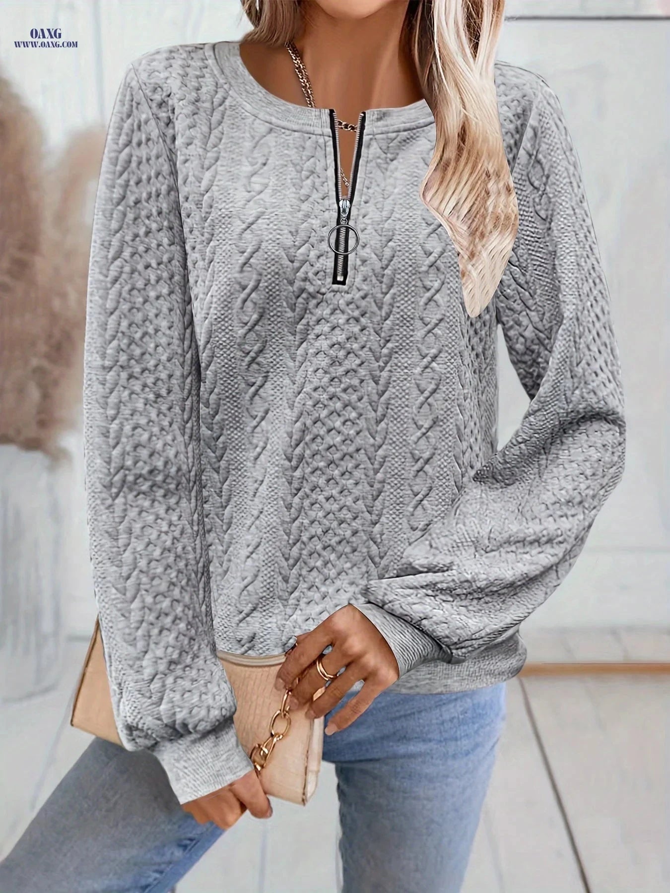 OAXG Women's Long Sleeve Zip-Up Sweatshirt - Elegant Fall Fashion   OAXG 