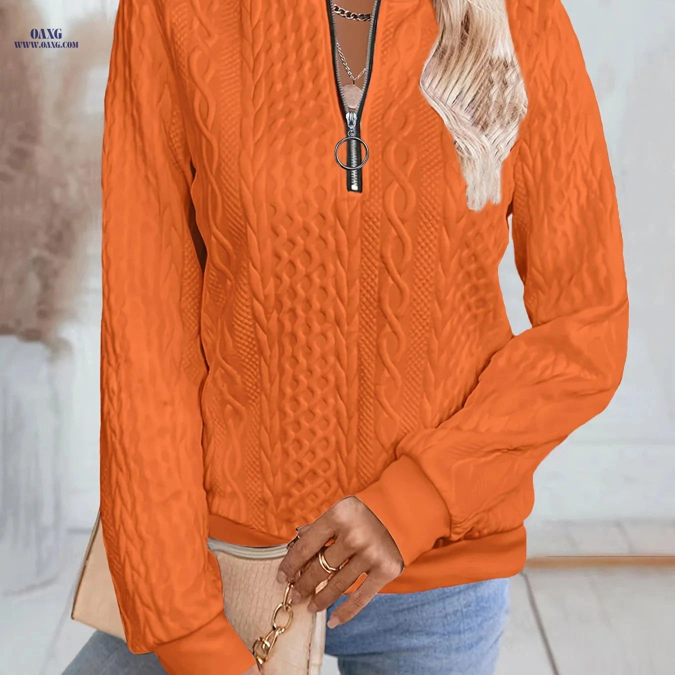 OAXG Women's Long Sleeve Zip-Up Sweatshirt - Elegant Fall Fashion   OAXG 