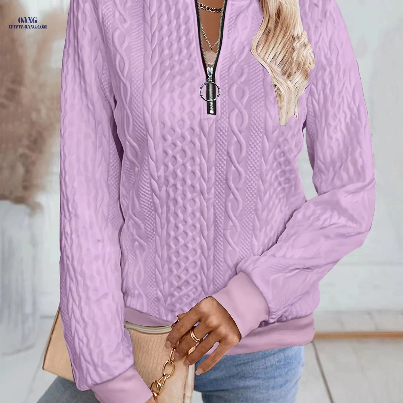 OAXG Women's Long Sleeve Zip-Up Sweatshirt - Elegant Fall Fashion   OAXG 