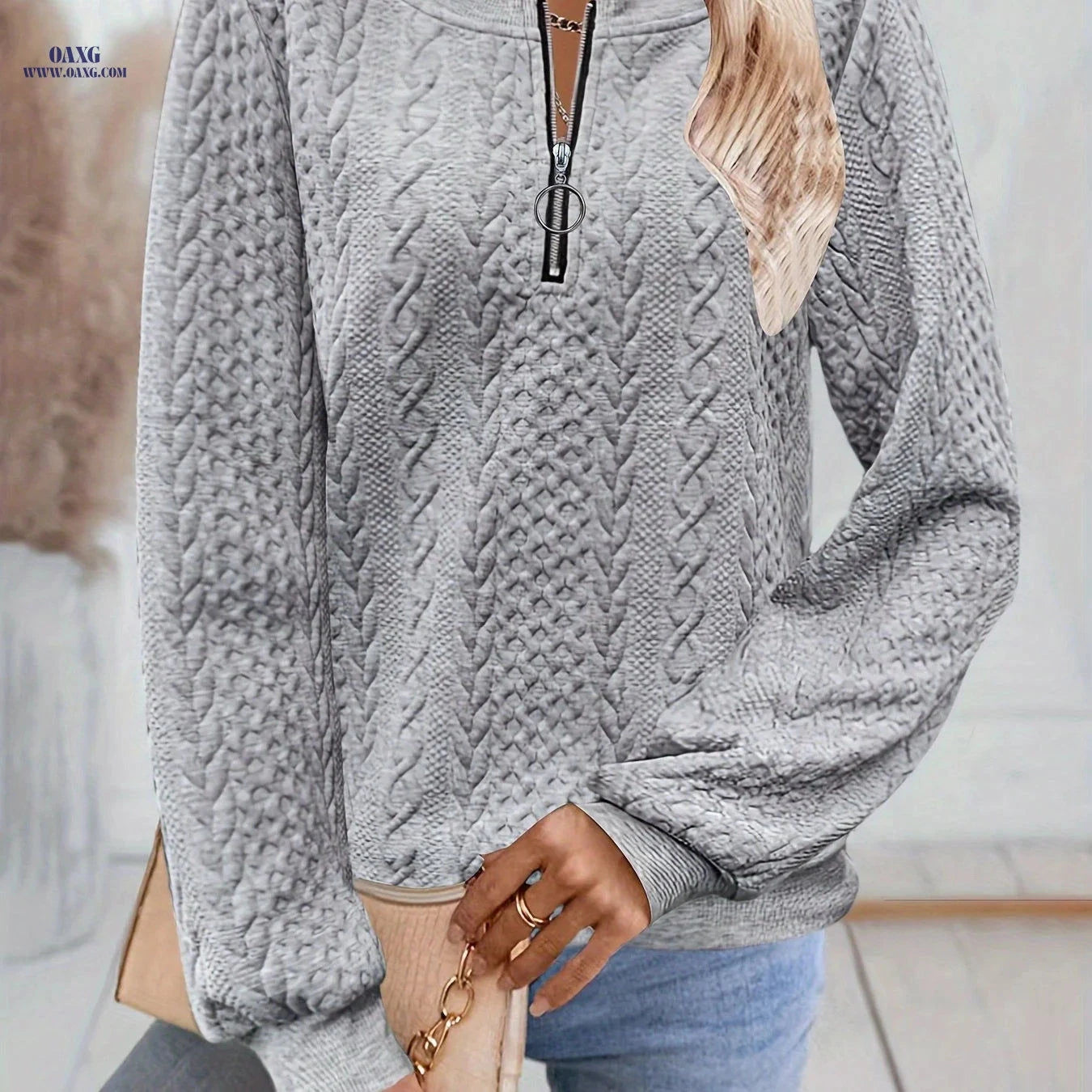 OAXG Women's Long Sleeve Zip-Up Sweatshirt - Elegant Fall Fashion   OAXG 