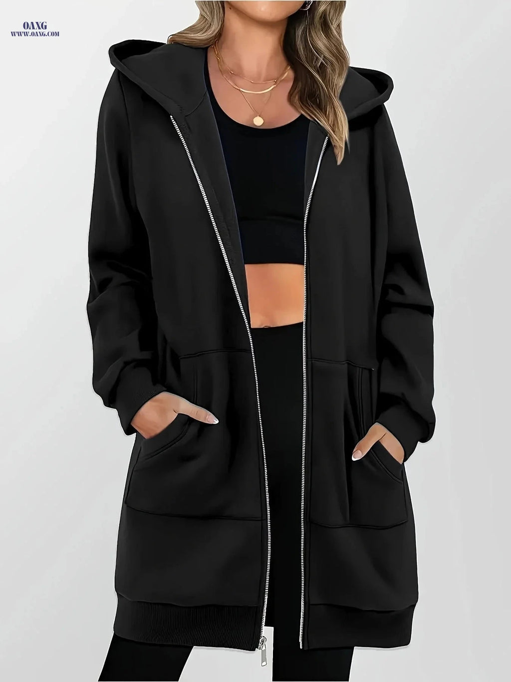 OAXG Women's Long Zip-Up Hooded Sweatshirt - Casual Cardigan Top   OAXG 