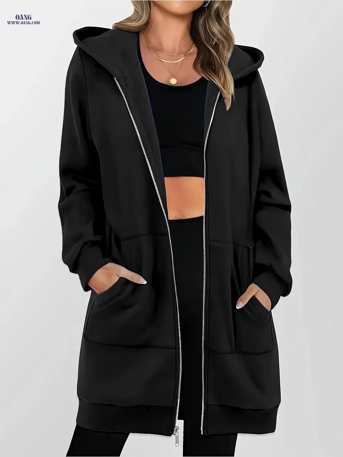 OAXG Women's Long Zip-Up Hooded Sweatshirt - Casual Cardigan Top   OAXG 