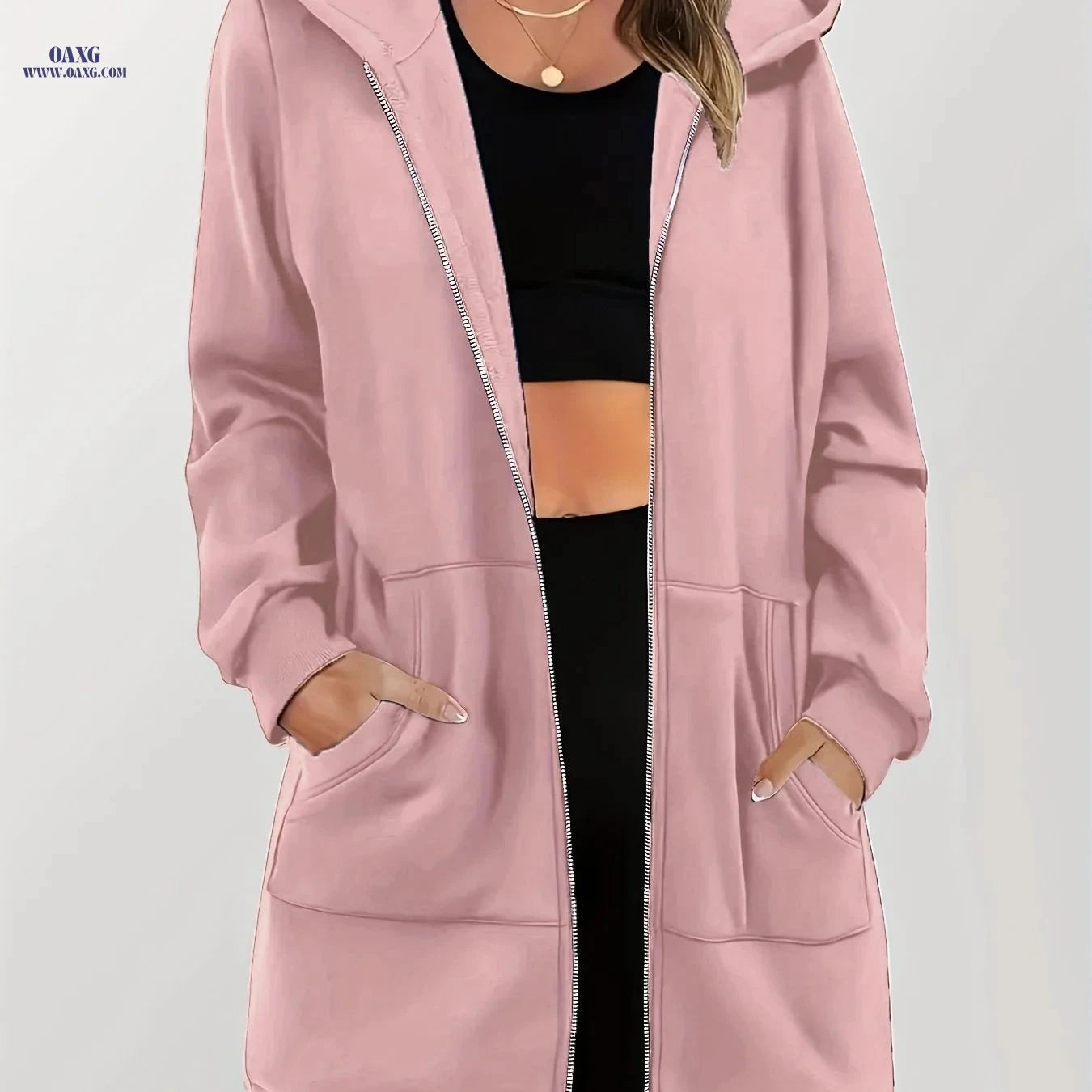 OAXG Women's Long Zip-Up Hooded Sweatshirt - Casual Cardigan Top   OAXG 