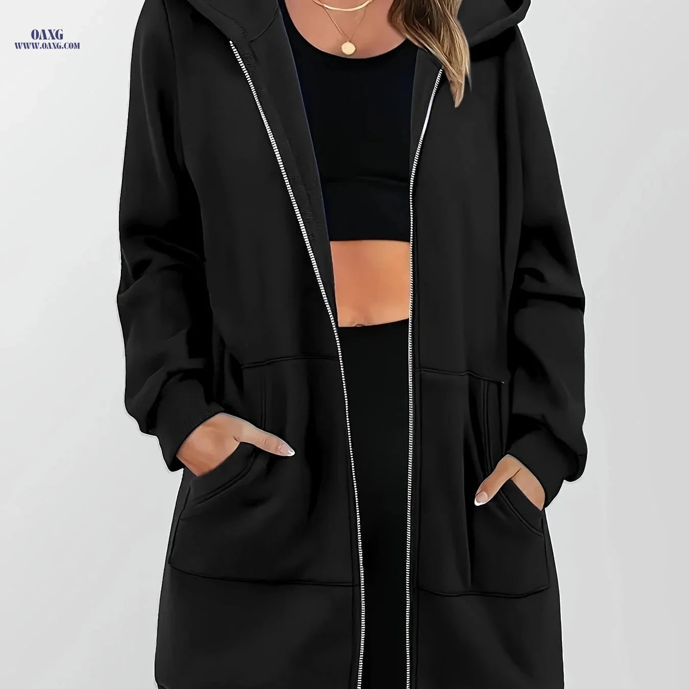 OAXG Women's Long Zip-Up Hooded Sweatshirt - Casual Cardigan Top   OAXG 