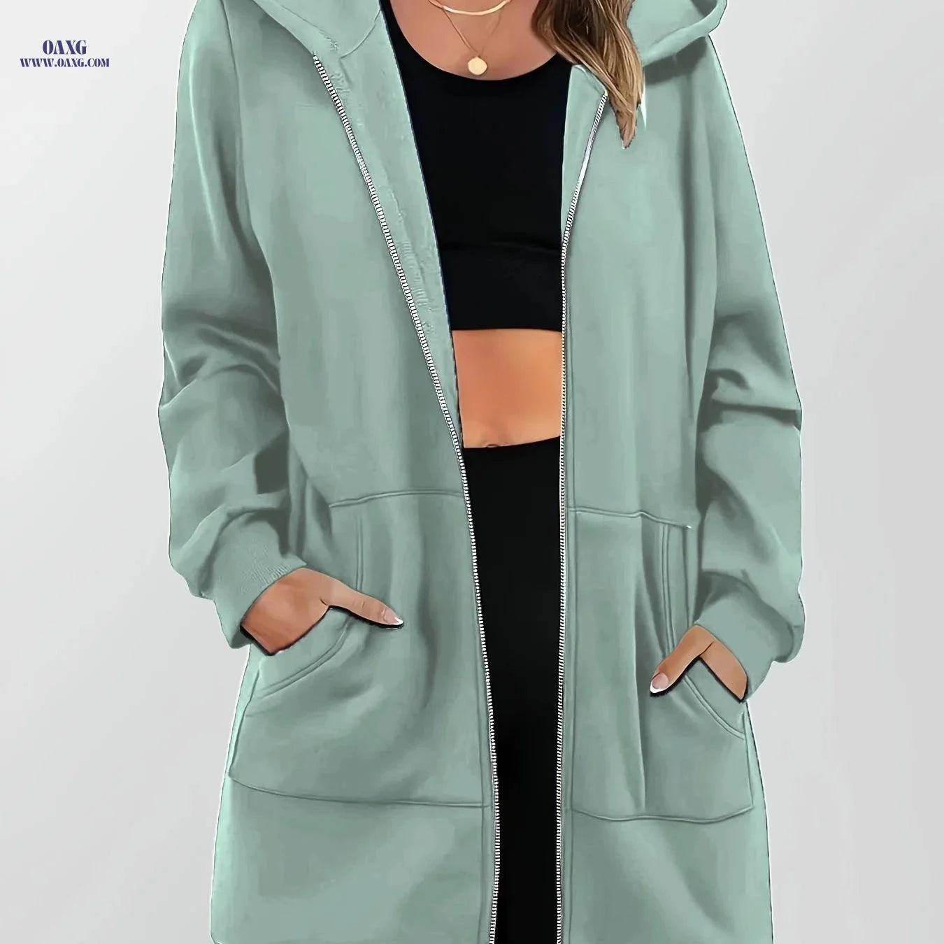 OAXG Women's Long Zip-Up Hooded Sweatshirt - Casual Cardigan Top   OAXG 