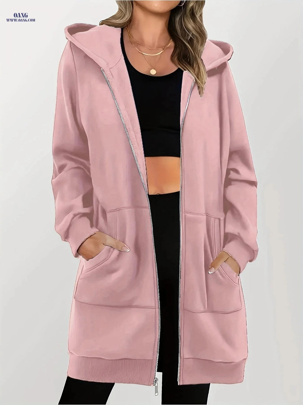 OAXG Women's Long Zip-Up Hooded Sweatshirt - Casual Cardigan Top   OAXG 