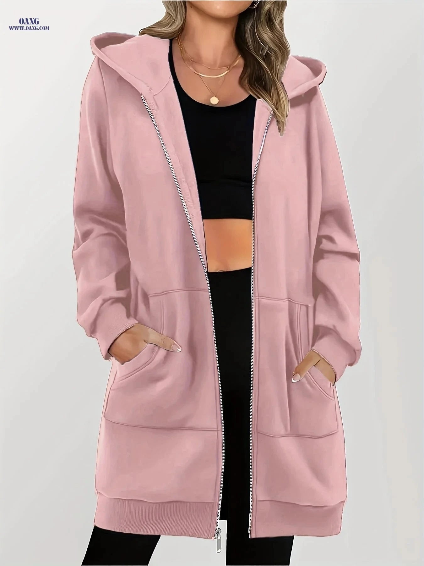 OAXG Women's Long Zip-Up Hooded Sweatshirt - Casual Cardigan Top   OAXG 
