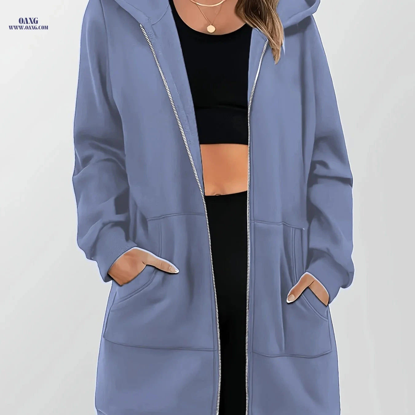 OAXG Women's Long Zip-Up Hooded Sweatshirt - Casual Cardigan Top   OAXG 