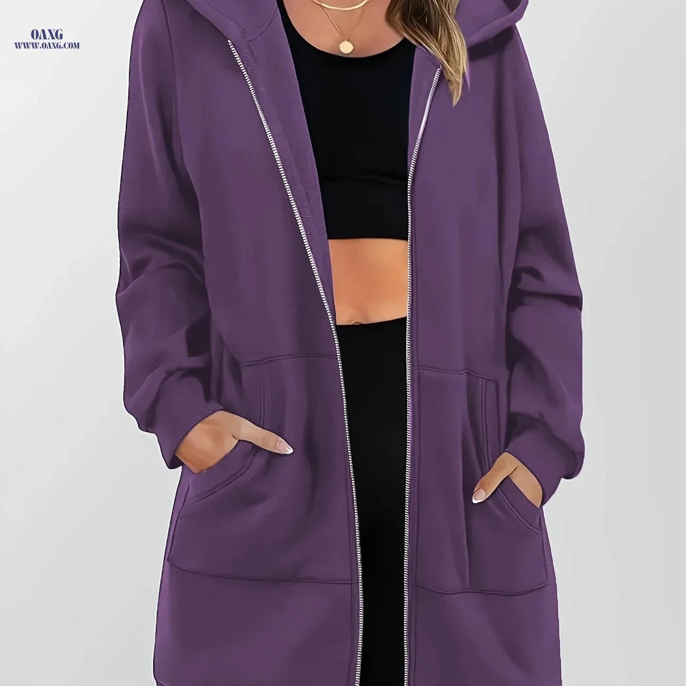 OAXG Women's Long Zip-Up Hooded Sweatshirt - Casual Cardigan Top   OAXG 