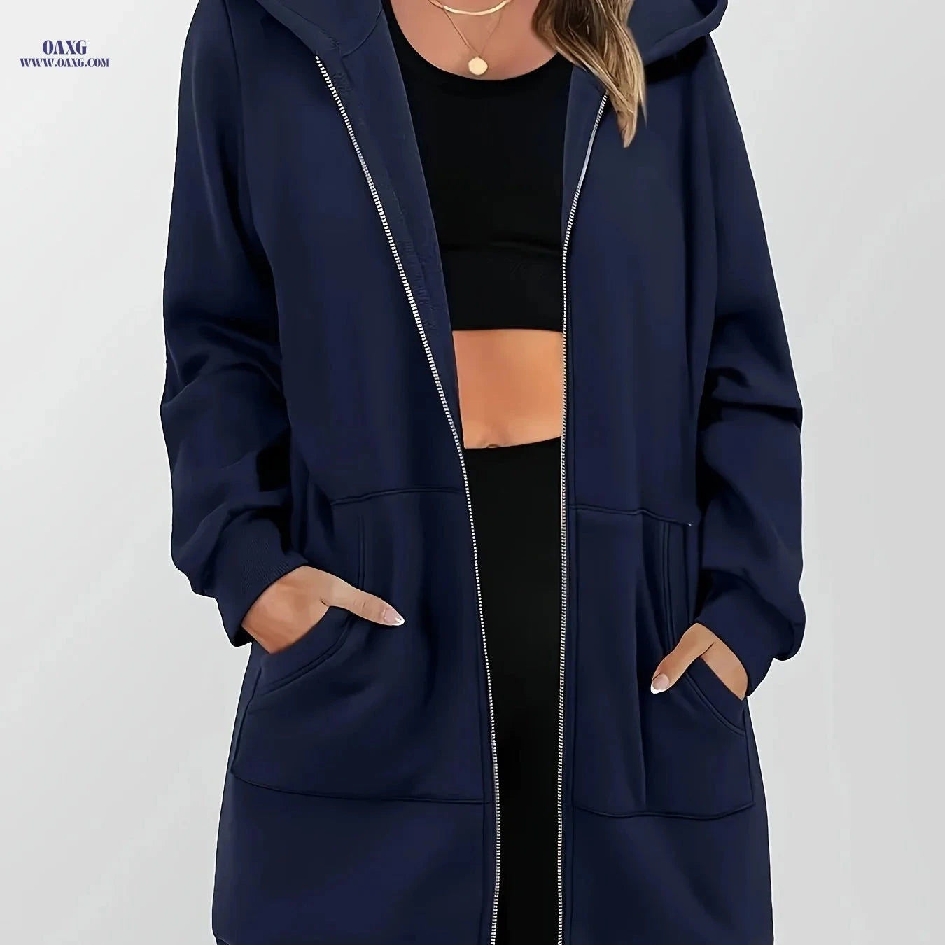 OAXG Women's Long Zip-Up Hooded Sweatshirt - Casual Cardigan Top   OAXG 