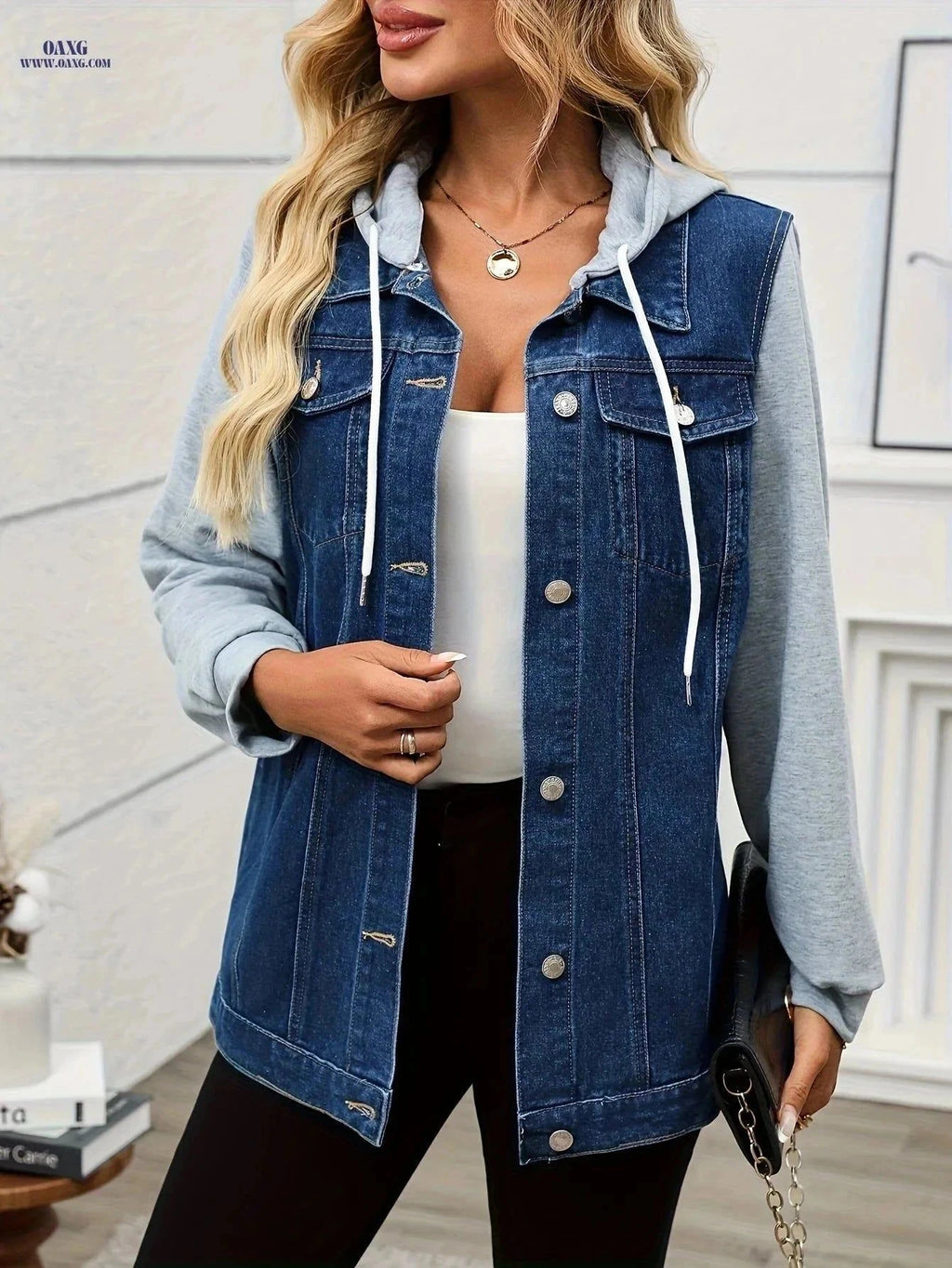 OAXG Women's Loose Denim Jacket - Hooded Style for Spring & Autumn   OAXG Dark Blue / S