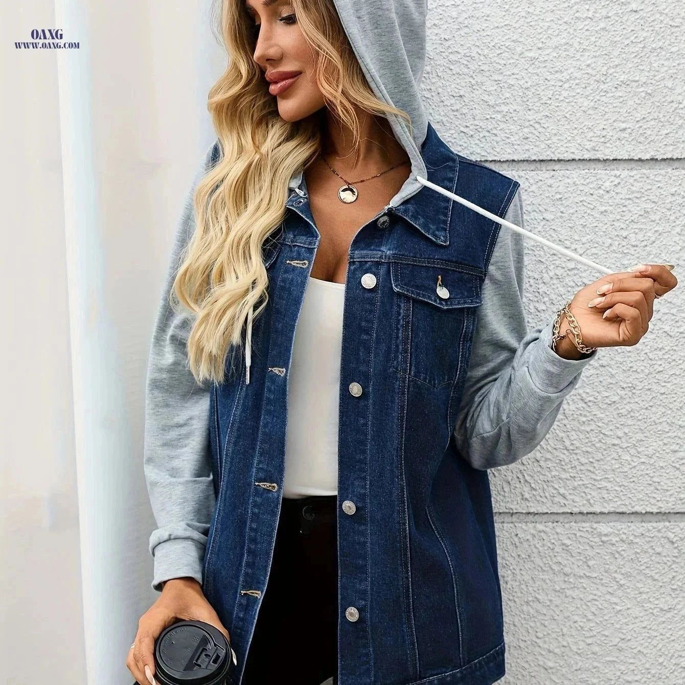 OAXG Women's Loose Denim Jacket - Hooded Style for Spring & Autumn   OAXG Dark Blue / S