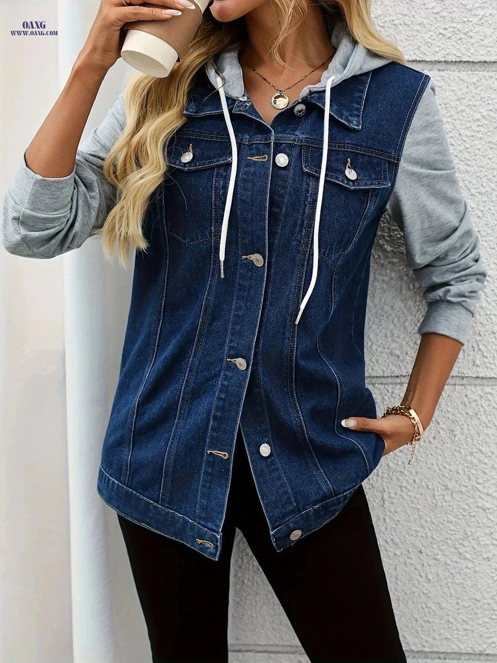 OAXG Women's Loose Denim Jacket - Hooded Style for Spring & Autumn   OAXG Dark Blue / S