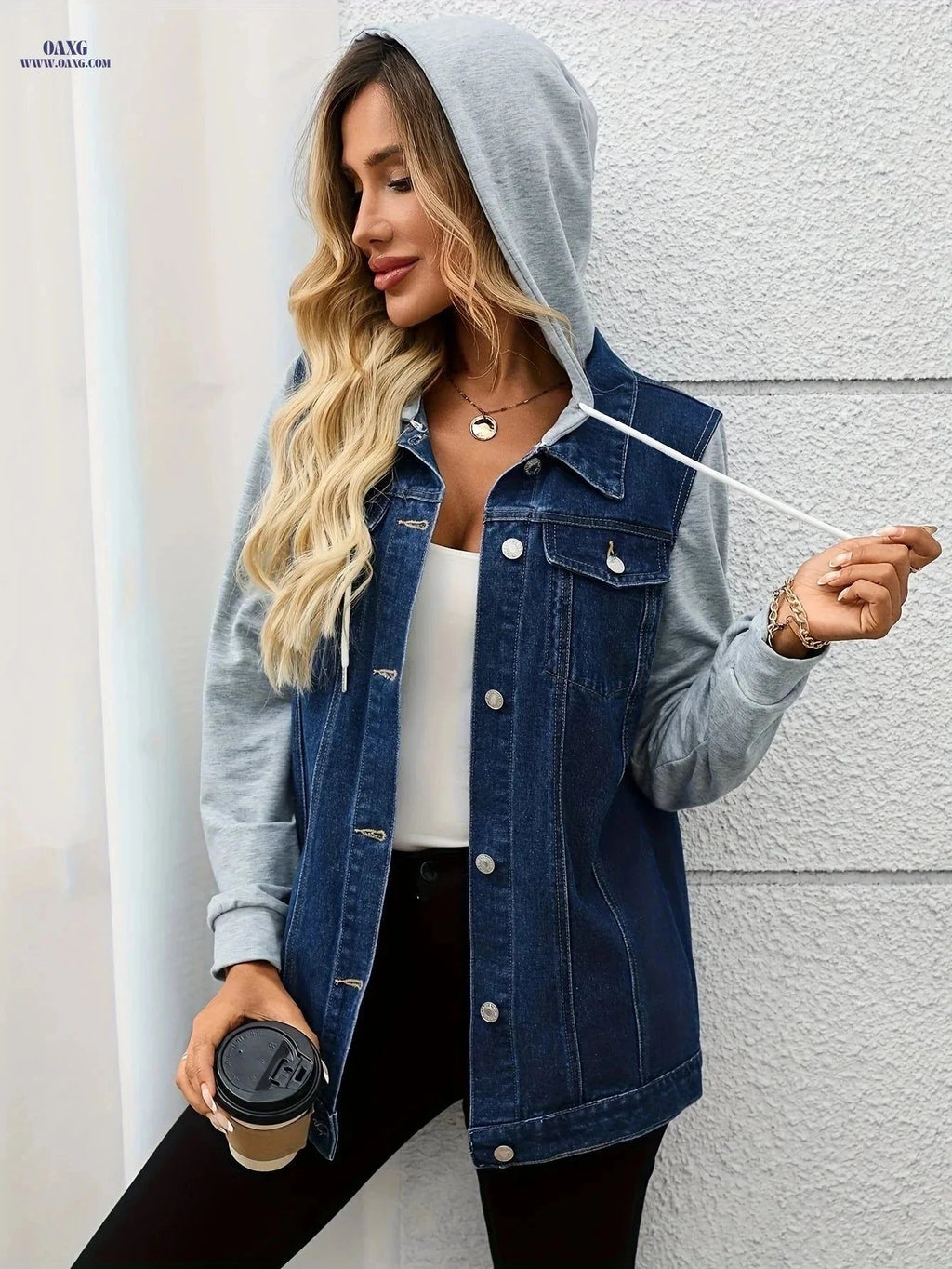 OAXG Women's Loose Denim Jacket - Hooded Style for Spring & Autumn   OAXG Dark Blue / S