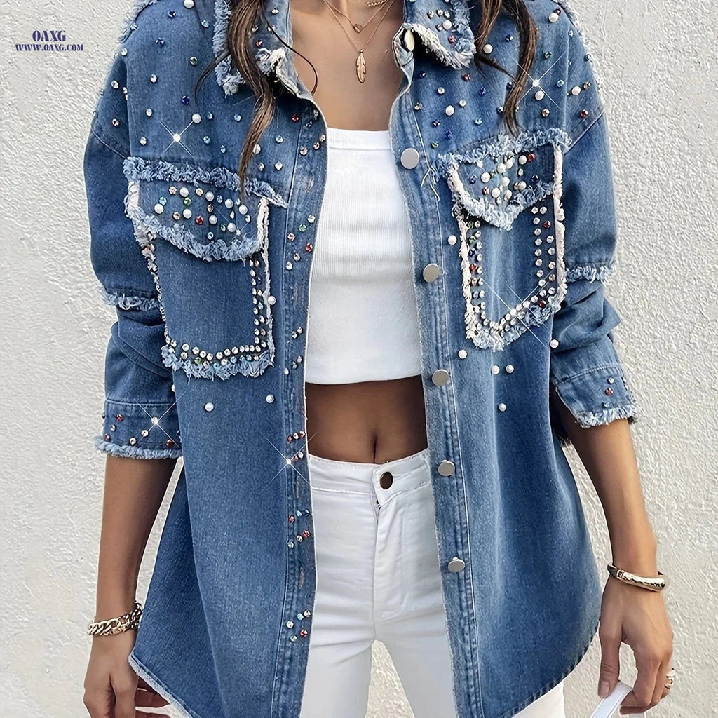 OAXG Women's Loose Denim Jacket - Long Sleeve with Sequin Detail   OAXG 