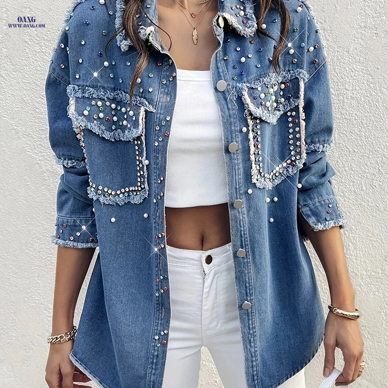 OAXG Women's Loose Denim Jacket - Long Sleeve with Sequin Detail   OAXG 