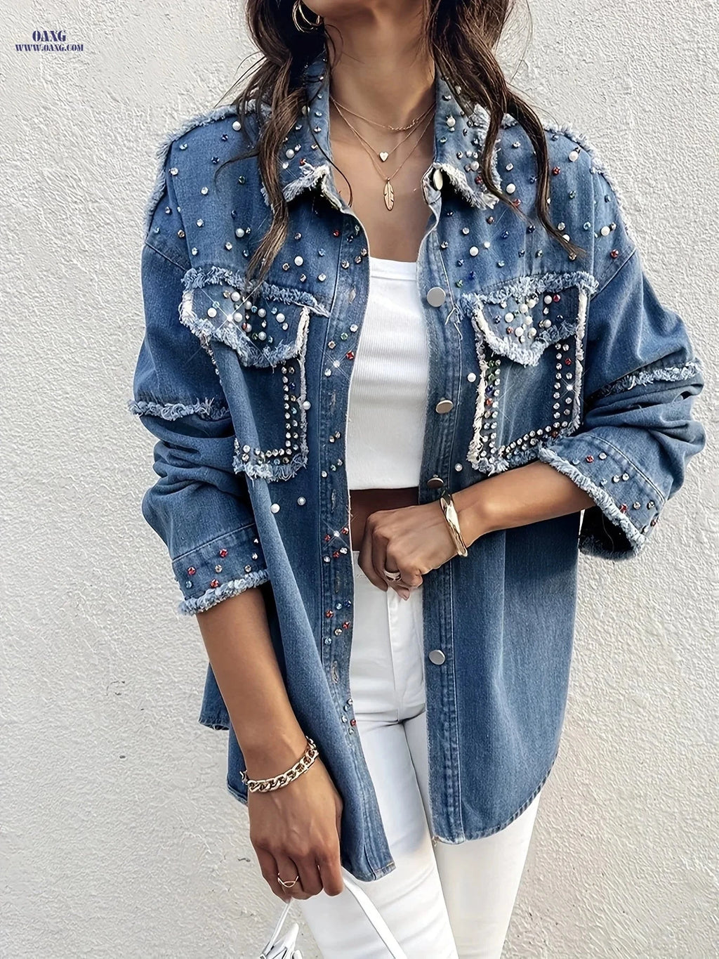 OAXG Women's Loose Denim Jacket - Long Sleeve with Sequin Detail   OAXG 