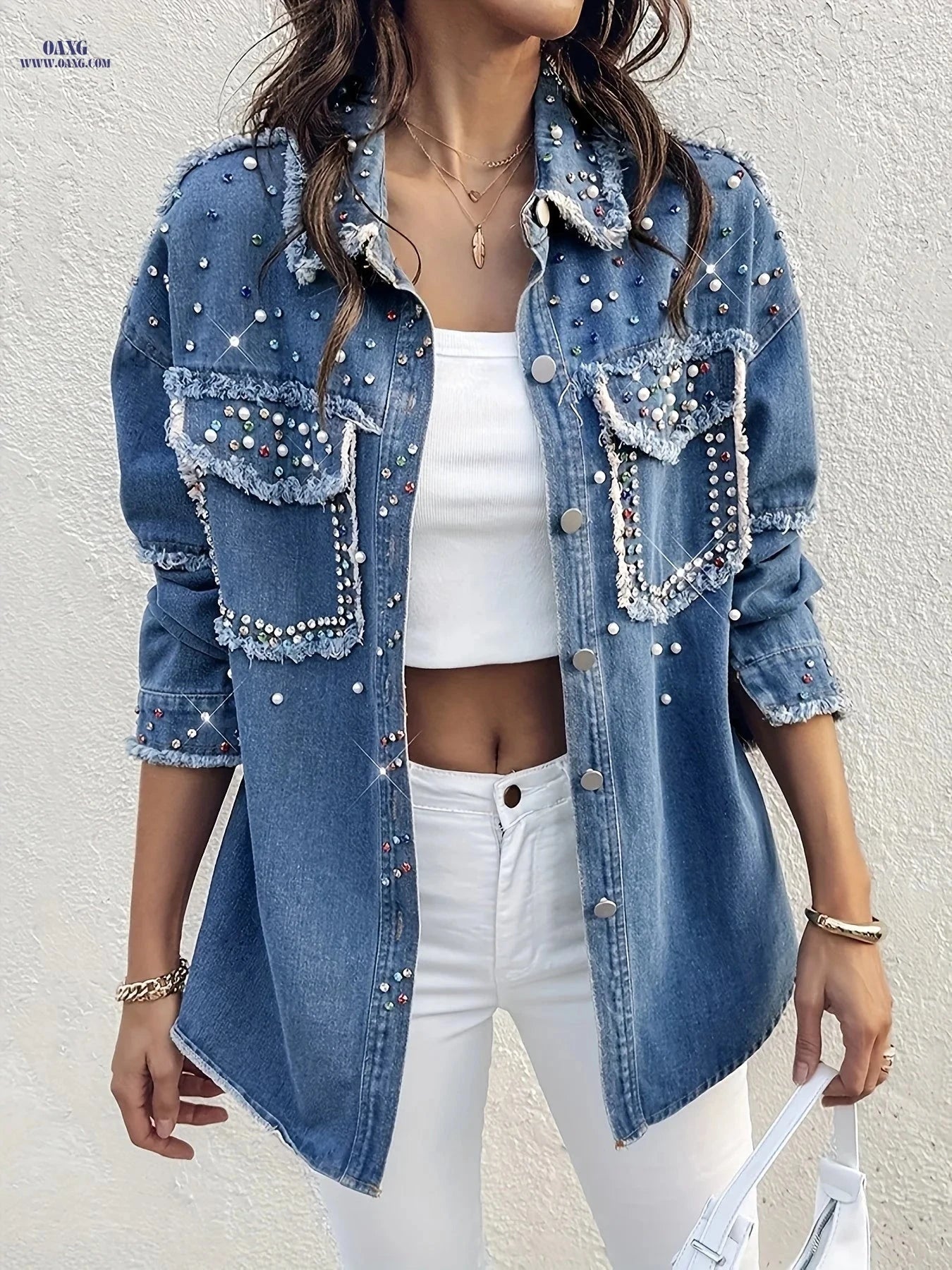 OAXG Women's Loose Denim Jacket - Long Sleeve with Sequin Detail   OAXG 