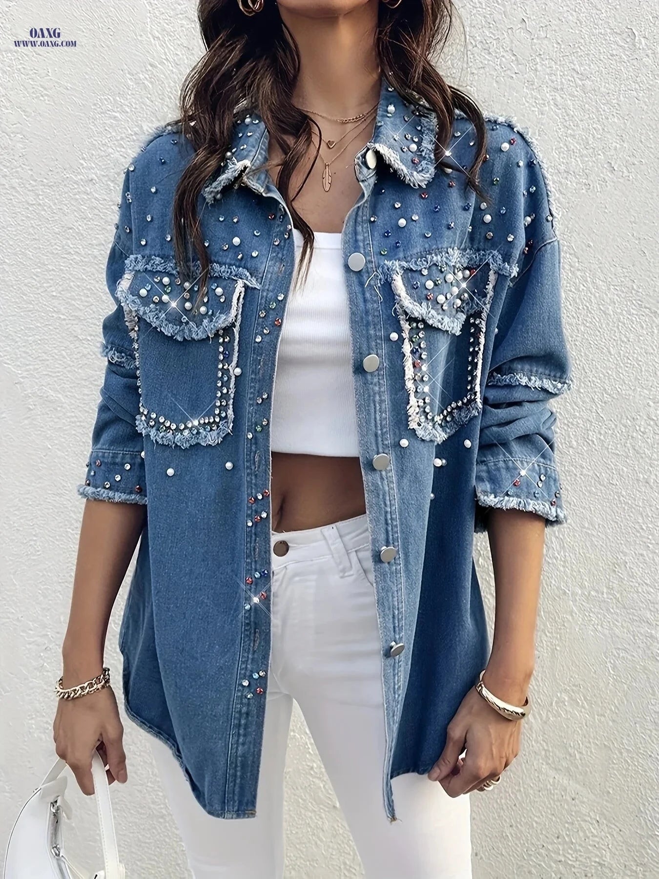 OAXG Women's Loose Denim Jacket - Long Sleeve with Sequin Detail   OAXG 