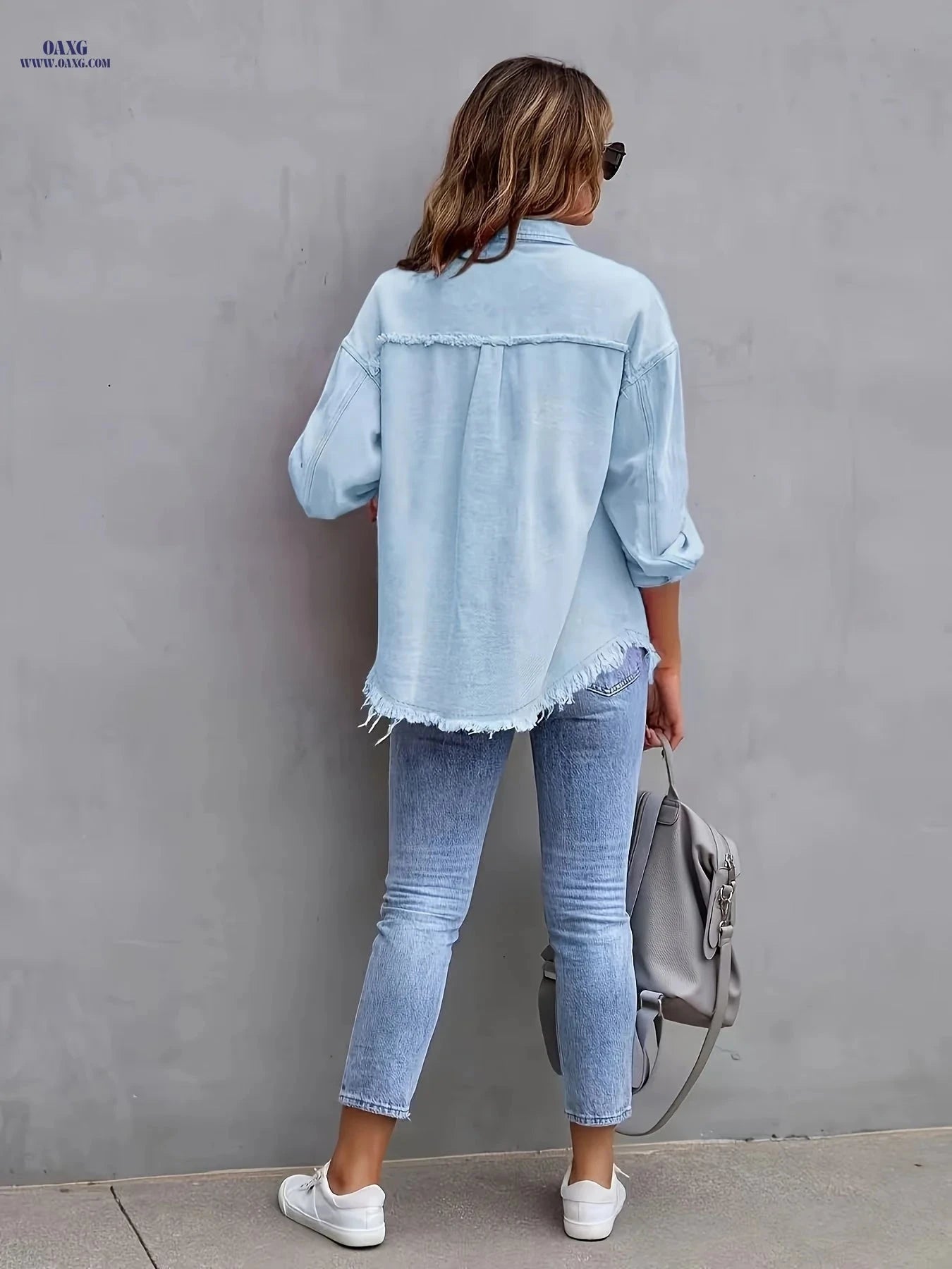 OAXG Women's Loose Fit Denim Jacket - Solid Color, Long Sleeve   OAXG 