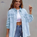 OAXG Women's Loose Fit Denim Jacket - Solid Color, Long Sleeve   OAXG 